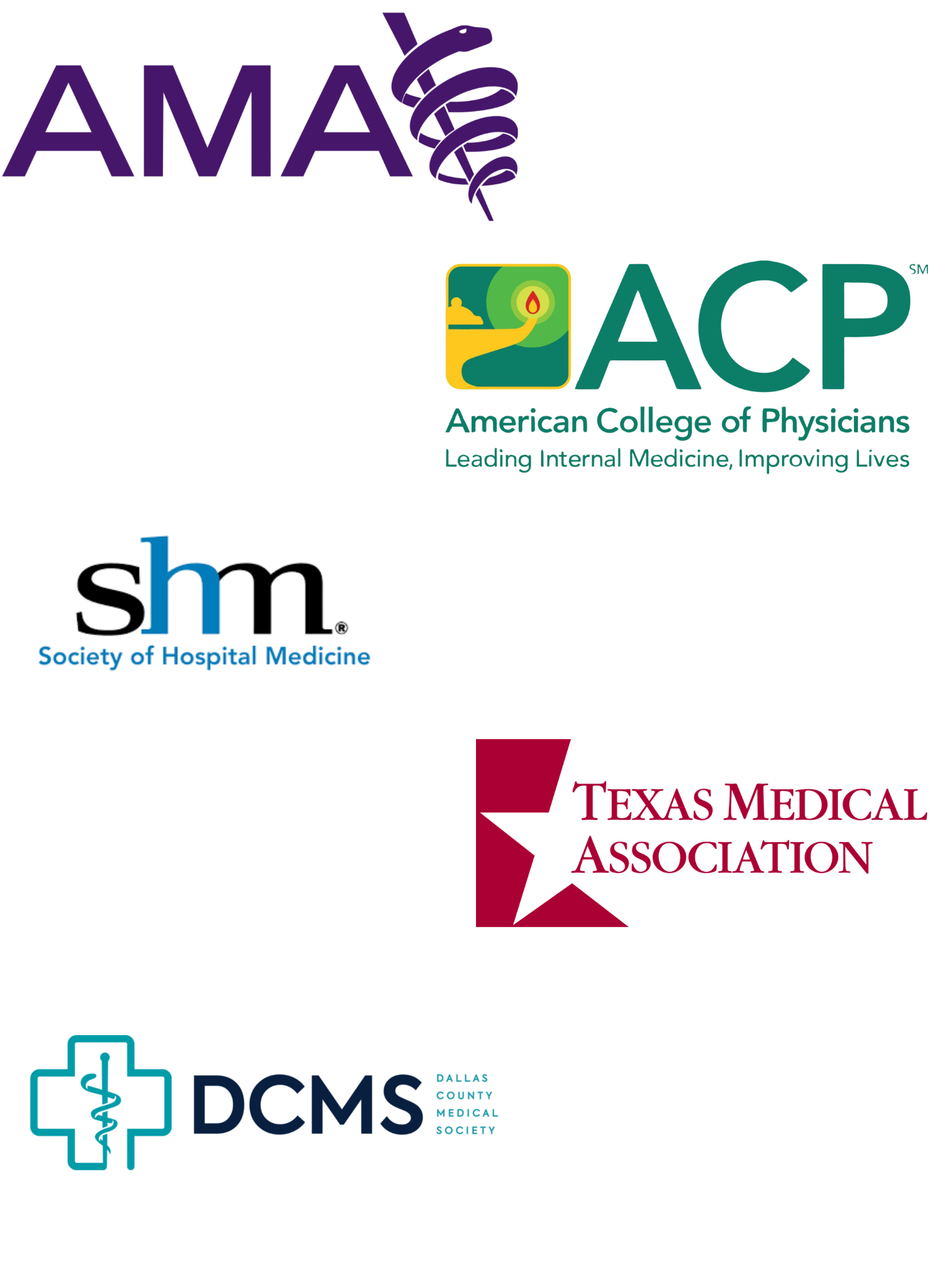 Professional association logos including AMA, ACP, Society of Hospital Medicine, Texas Medical Association, and Dallas County Medical Society
