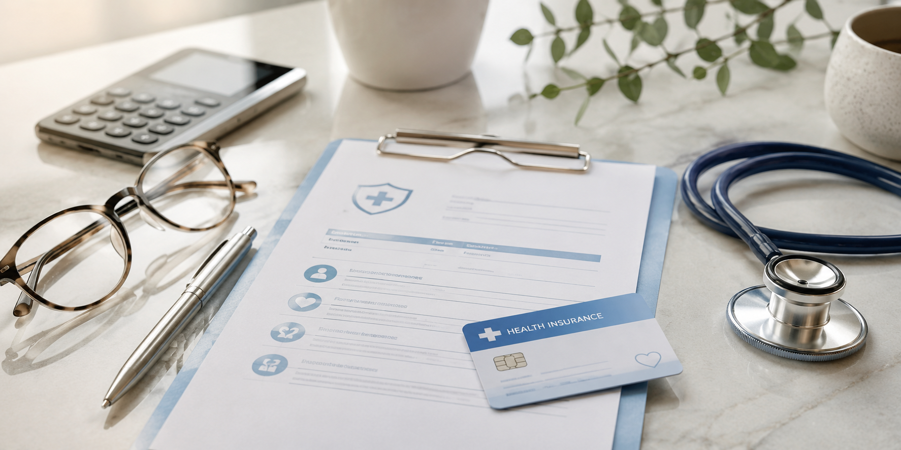 Health insurance documents with card and stethoscope