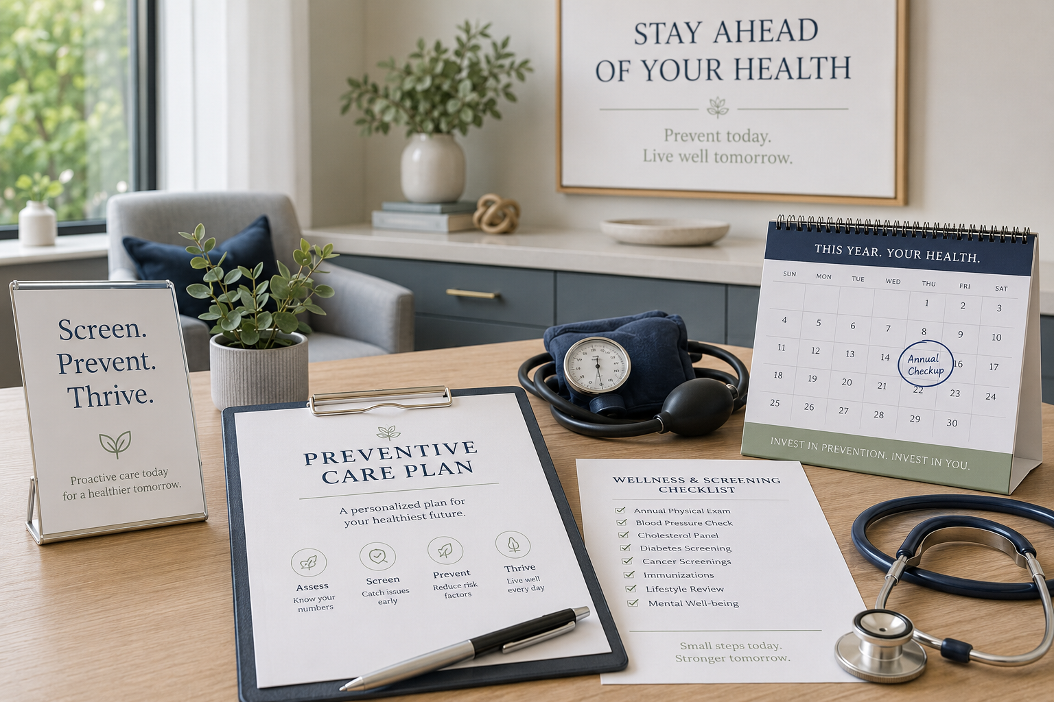 Preventive care planning materials in a calm medical office