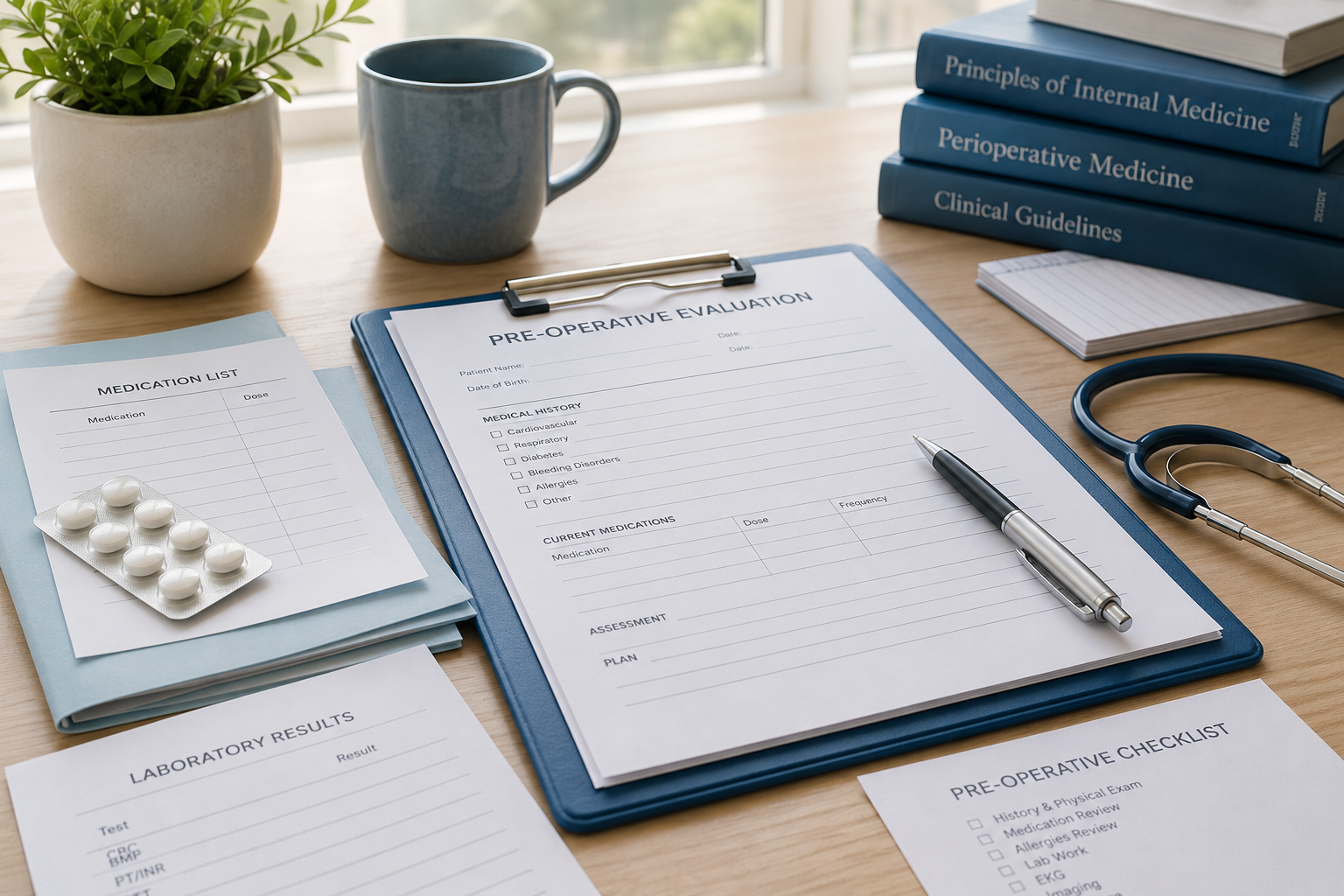 Pre-operative evaluation paperwork, lab results, medication list, and clinical guidance materials